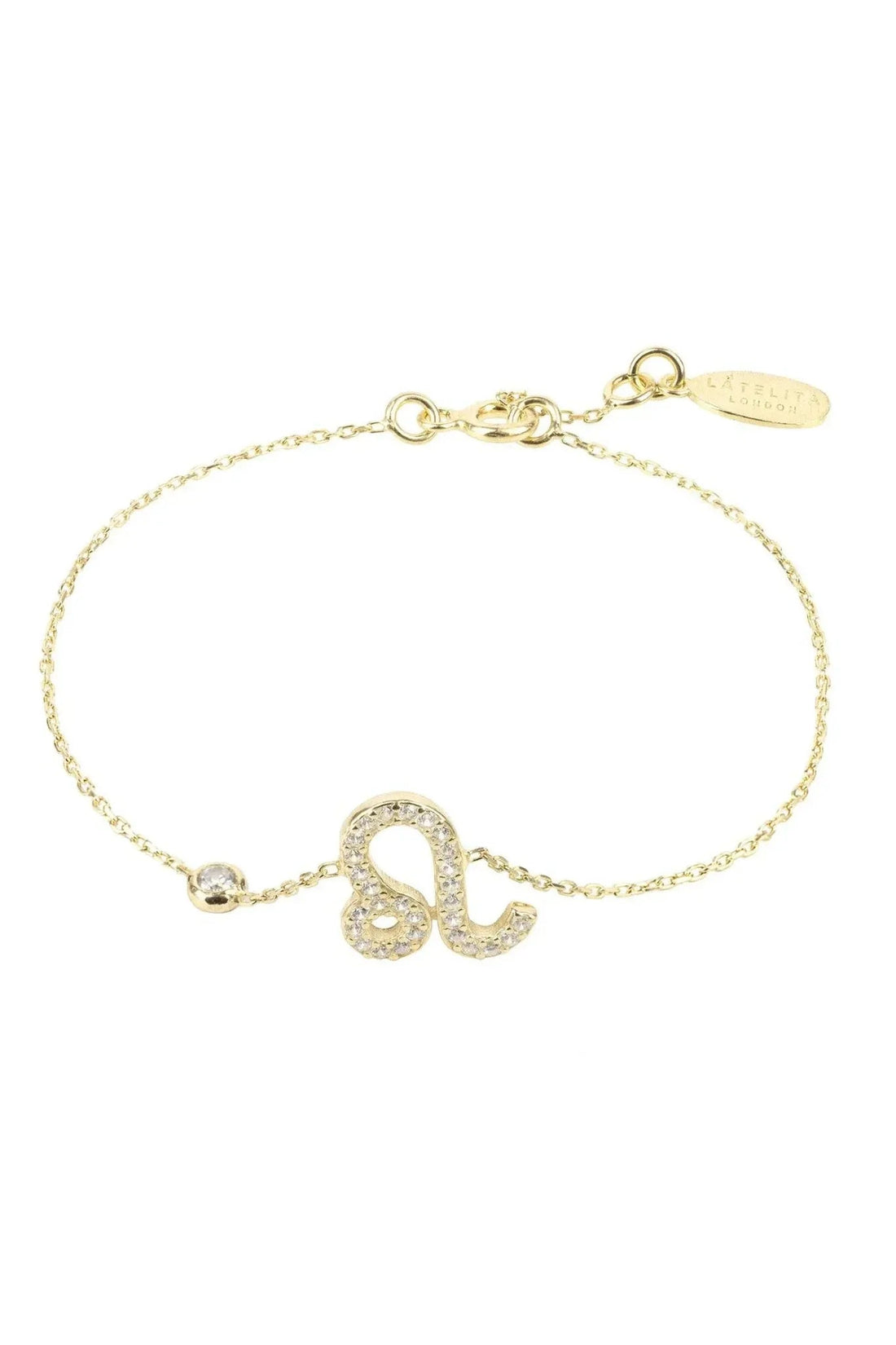 Gold Leo zodiac charm bracelet with link chain and adjustable tag clasp