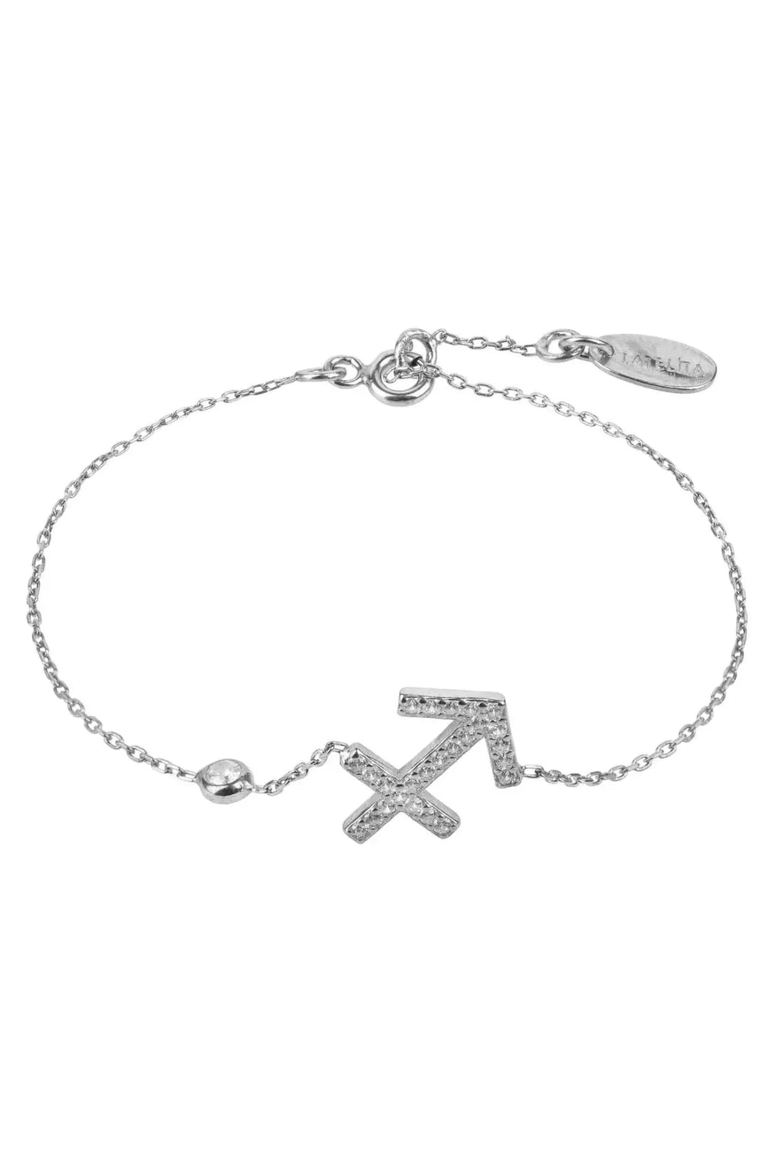 Silver Sagittarius zodiac bracelet with arrow star sign charm and engraved tag