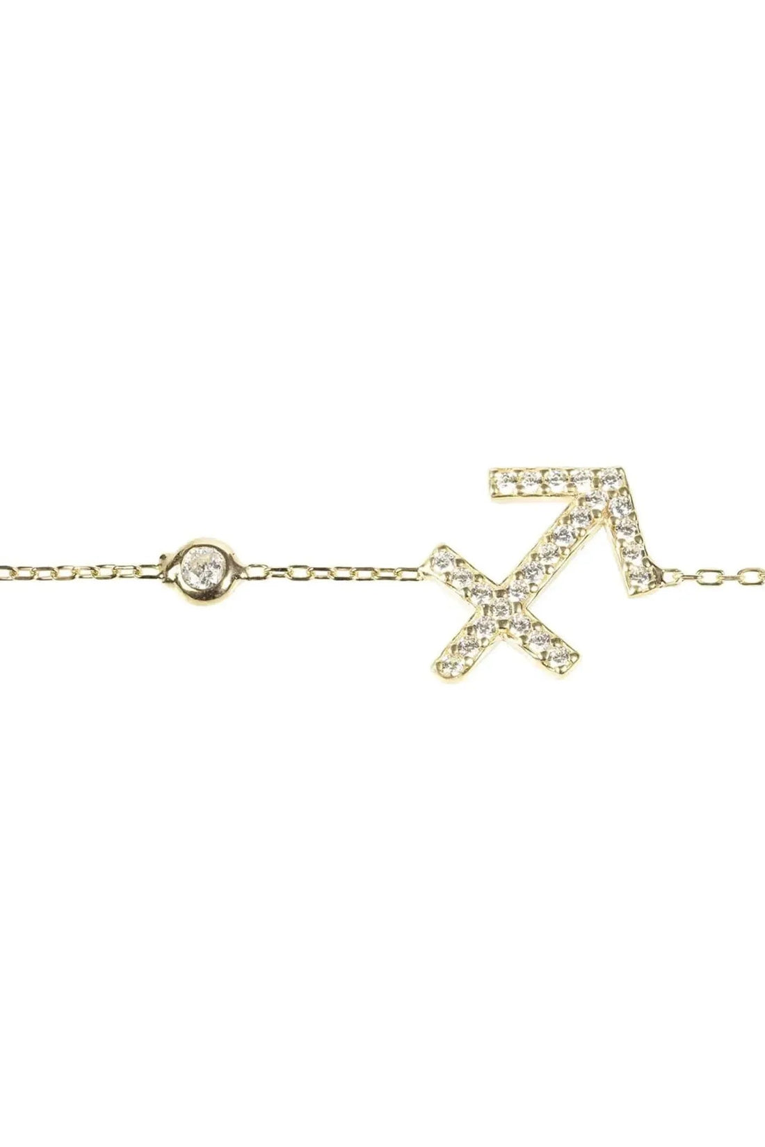 Gold Sagittarius bracelet detail with crystal arrow star sign charm and round clasp