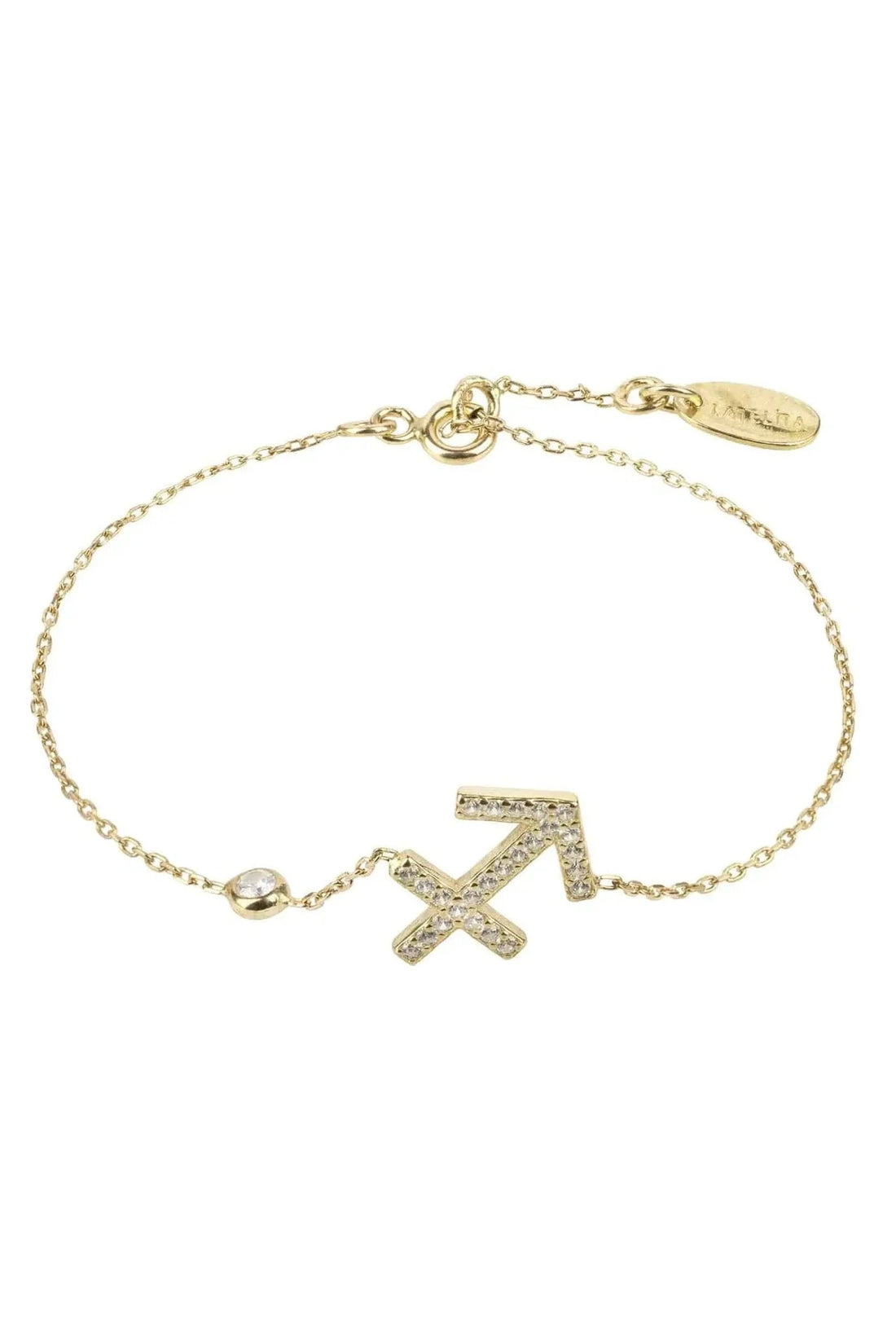Gold Sagittarius zodiac bracelet with arrow charm and circular bead accents