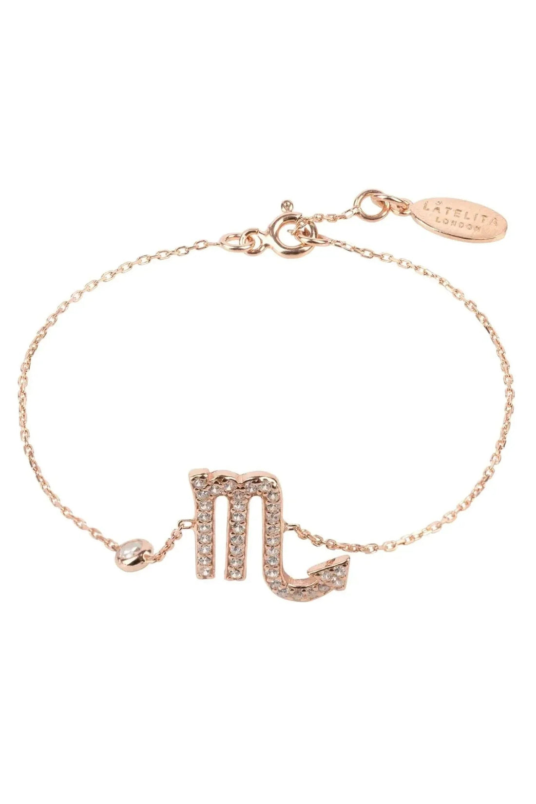Scorpio zodiac star sign bracelet with rose-gold tone chain and rhinestone scorpion charm