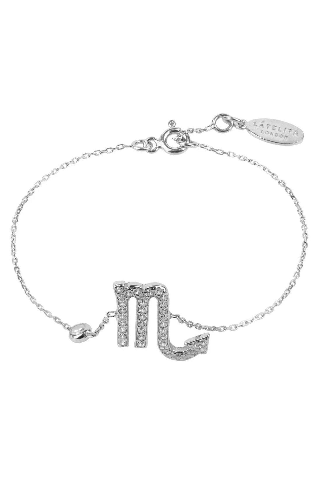 Scorpio zodiac star sign bracelet with silver-tone chain and rhinestone scorpion charm
