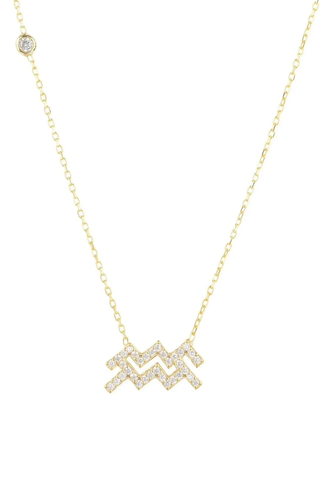 Gold Aquarius star sign pendant necklace with zigzag crystal charm