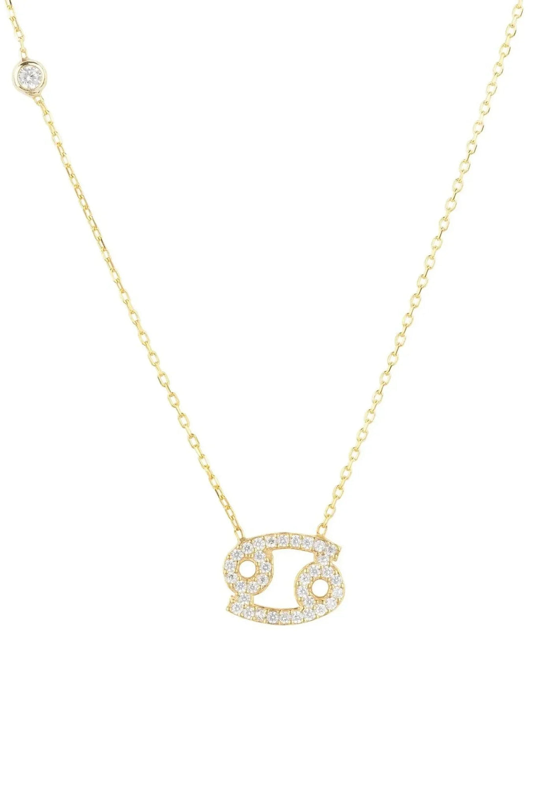 Gold zodiac pendant necklace with studded Cancer charm and linked chain