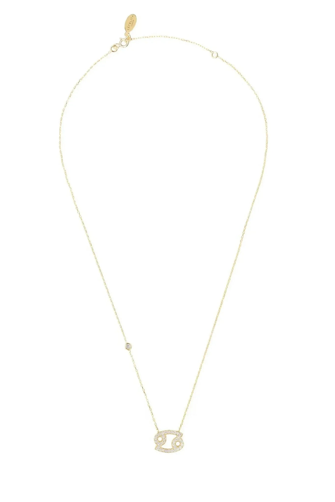 Gold tone zodiac pendant necklace with Cancer charm at center front