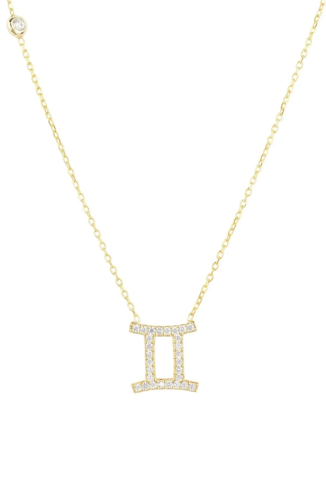 Gold Gemini zodiac pendant necklace with fine chain and rectangular charm