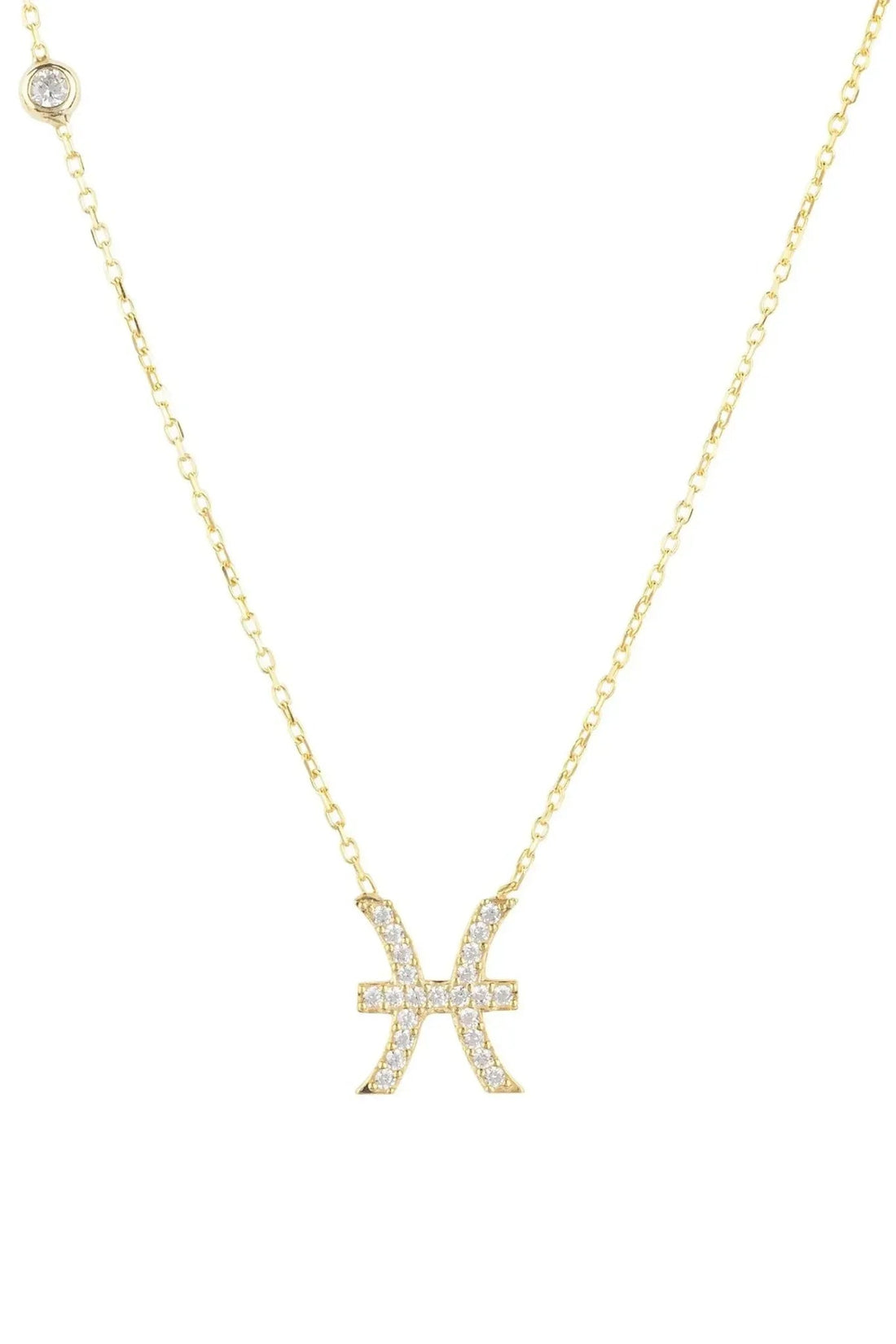 Gold zodiac pendant necklace with Pisces symbol, thin chain