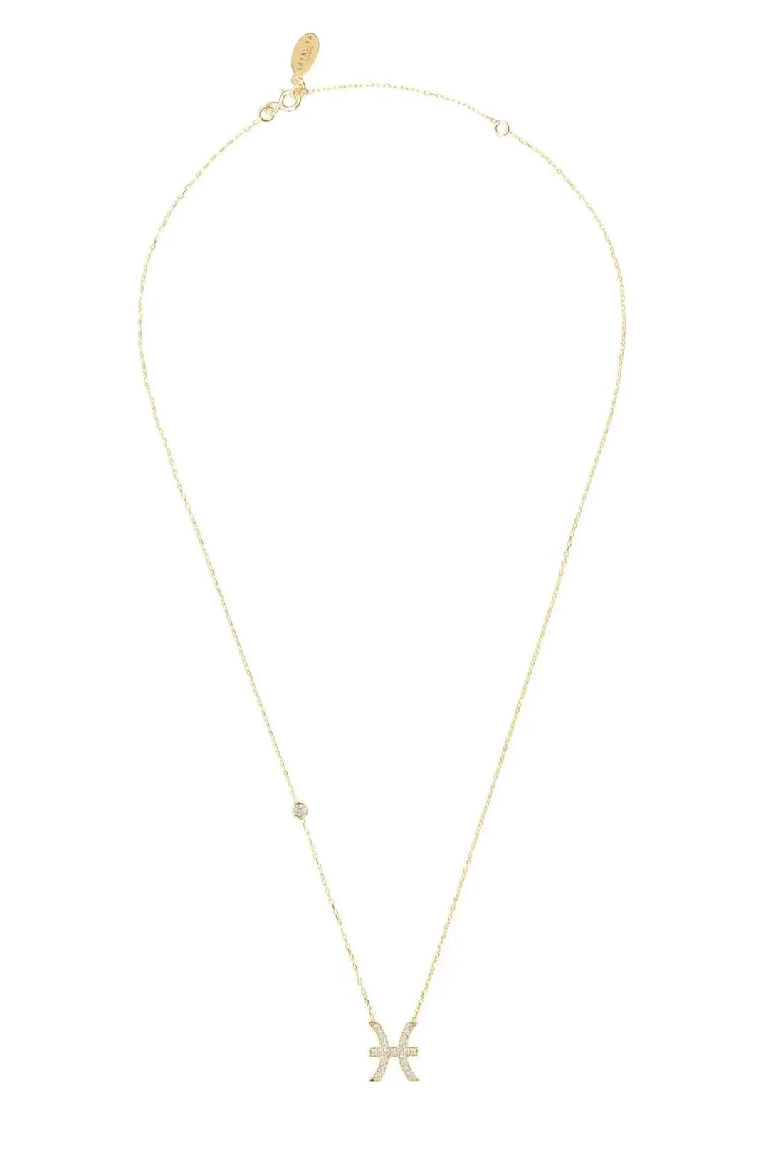 Gold Pisces zodiac pendant necklace with thin chain and clasp