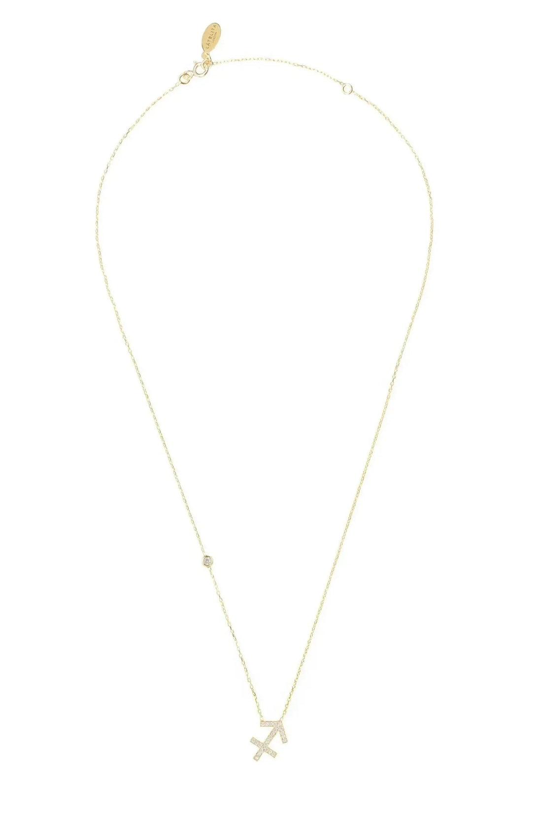 Gold zodiac pendant necklace with stylized Sagittarius symbol charm and chain