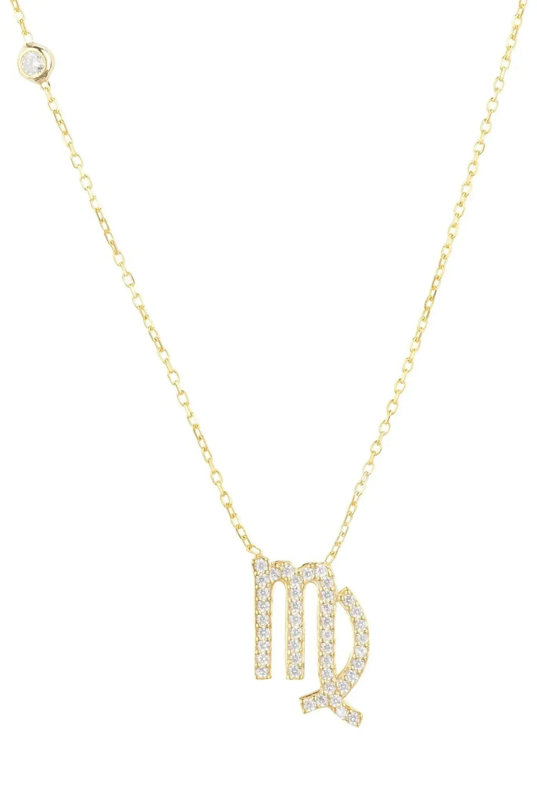 Gold zodiac Virgo star sign pendant necklace with crystal-like enamel letters