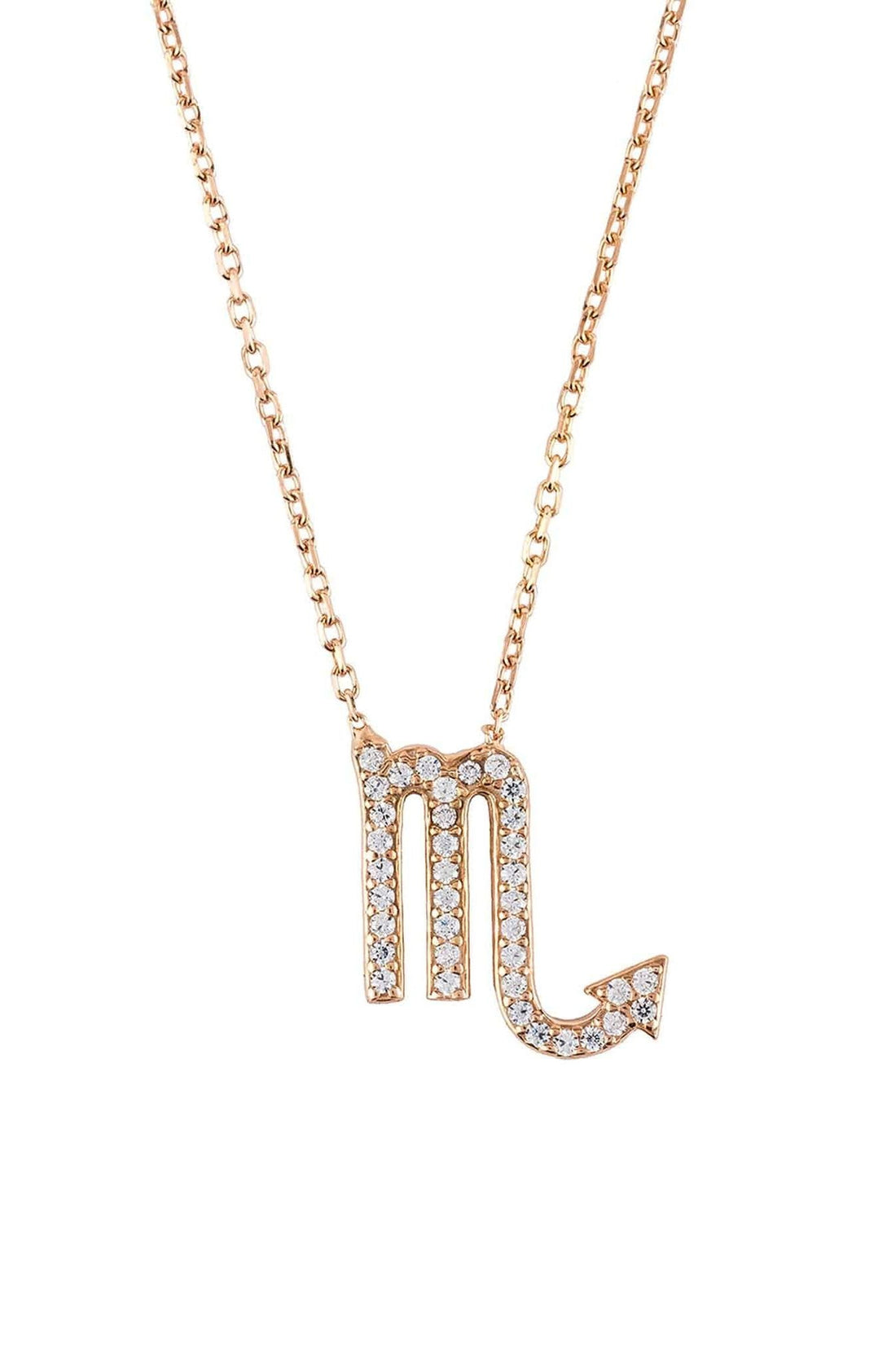 Rose gold zodiac pendant necklace with sparkling Scorpio M charm