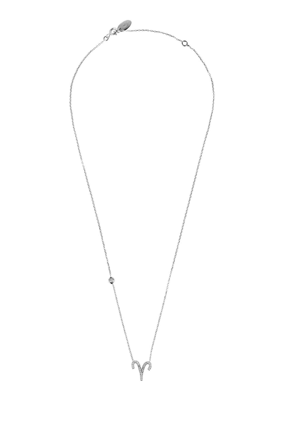 Silver Aries zodiac pendant necklace with long chain and small star-charm pendant