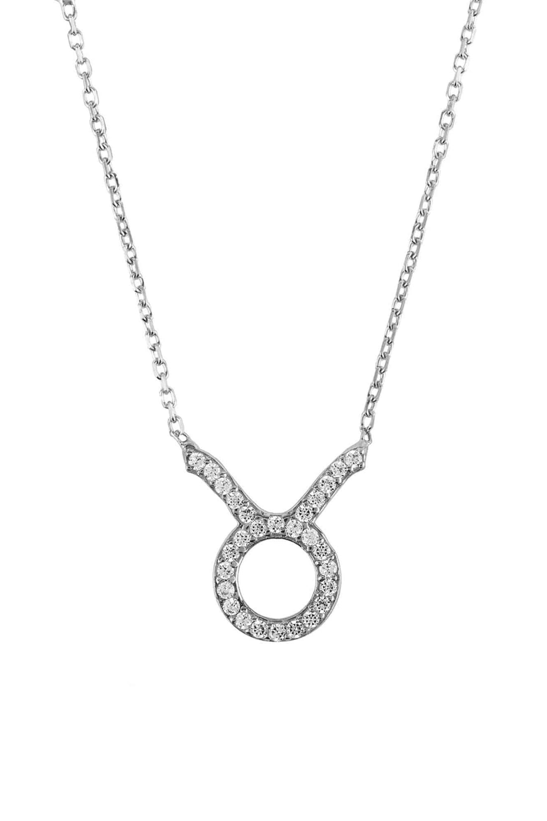 Taurus zodiac pendant necklace with jeweled circular pendant and chain, silver-tone