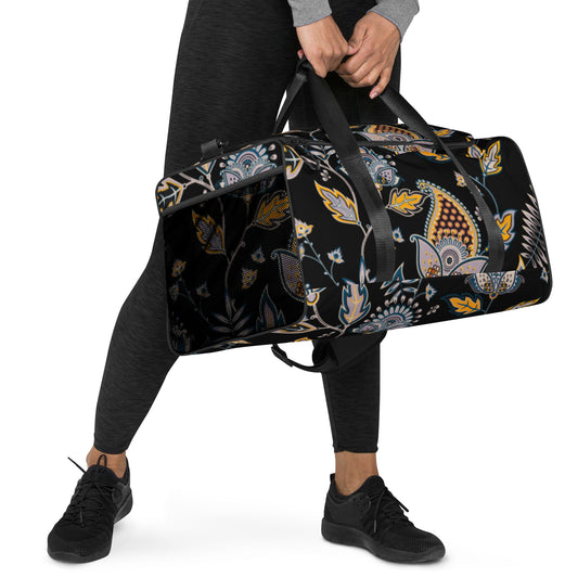 Women Gym Bag | Carry On Bag | Carryon Bag | Weekend Bag | Overnight Bag | Leaf Abstract Print Yellow Black Large Travel Gym Duffle bag Active