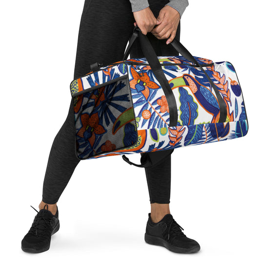 Women Gym Bag | Carry On Bag | Carryon Bag | Duffel Bag | Bag | Overnight Bag | Tucan Tropical Print Blue Yellow Large Travel Gym Duffle bag Active