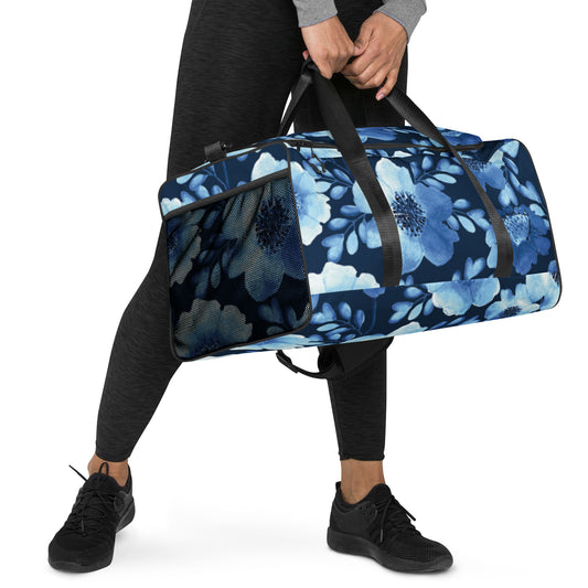 Women Gym Bag | Carry On Bag | Carryon Bag | Bag | Weekend Bag | Overnight Bag | Dark Baby Blue Floral Print Large Travel Gym Duffle bag Active
