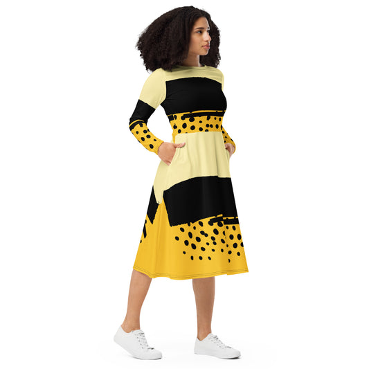 Yellow Black Dot Crazy Print All-Over Print Long Sleeve midi Dress