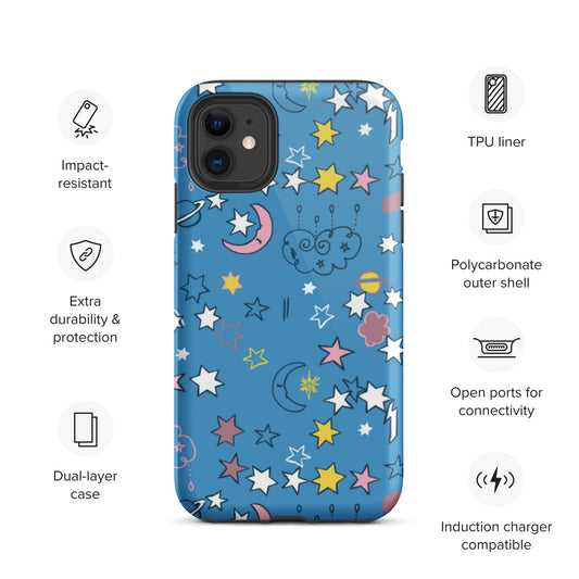 Night Sky Moon Stars Abstract Print Multi Color Unique Tough iPhone Case | Cute iPhone Case | Shockproof Phone Case Active